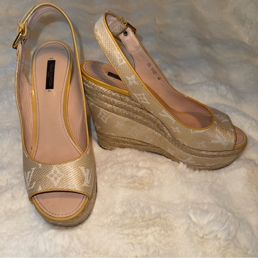 Louis Vuitton Cream Logo Print Wedges